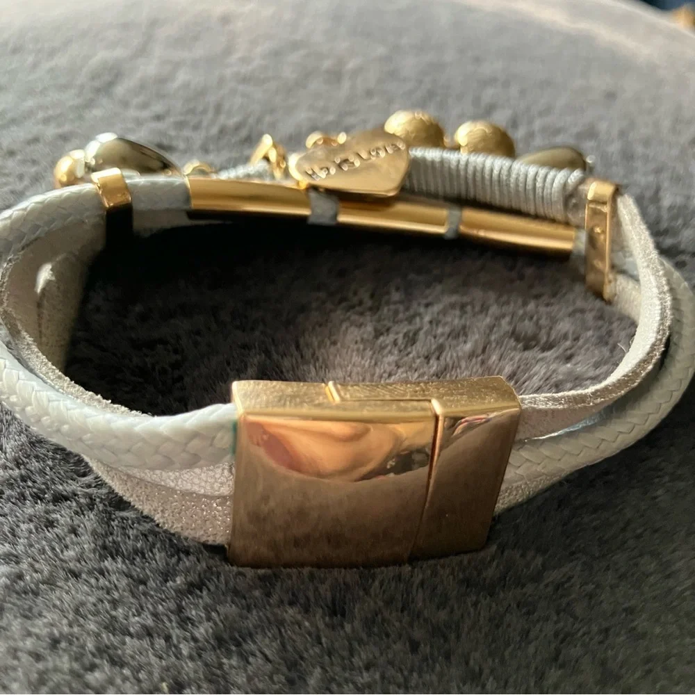 He Is Love Gold‎ & Silver Charms on Gray Layered Leather Bracelet Magnetic Clasp